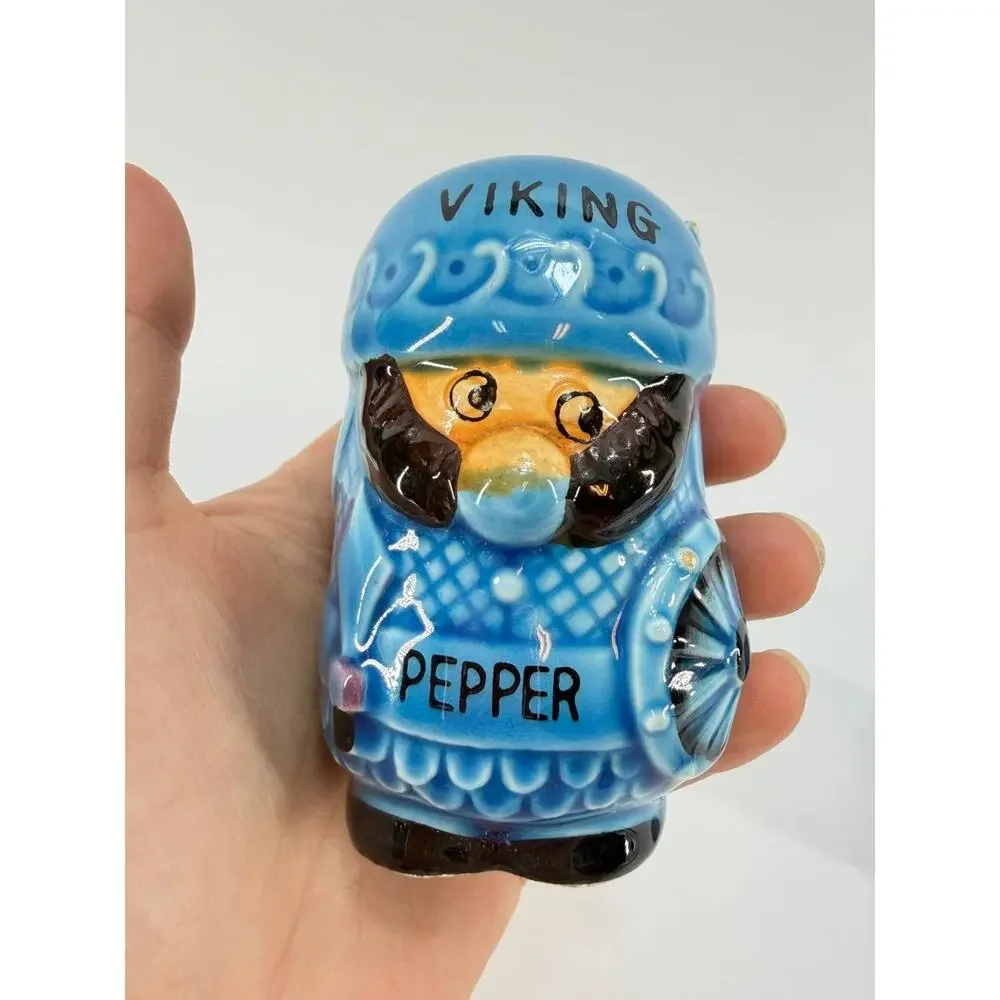 Vintage Viking Salt Pepper Shakers Japan Ceramic Blue Norse Figurines